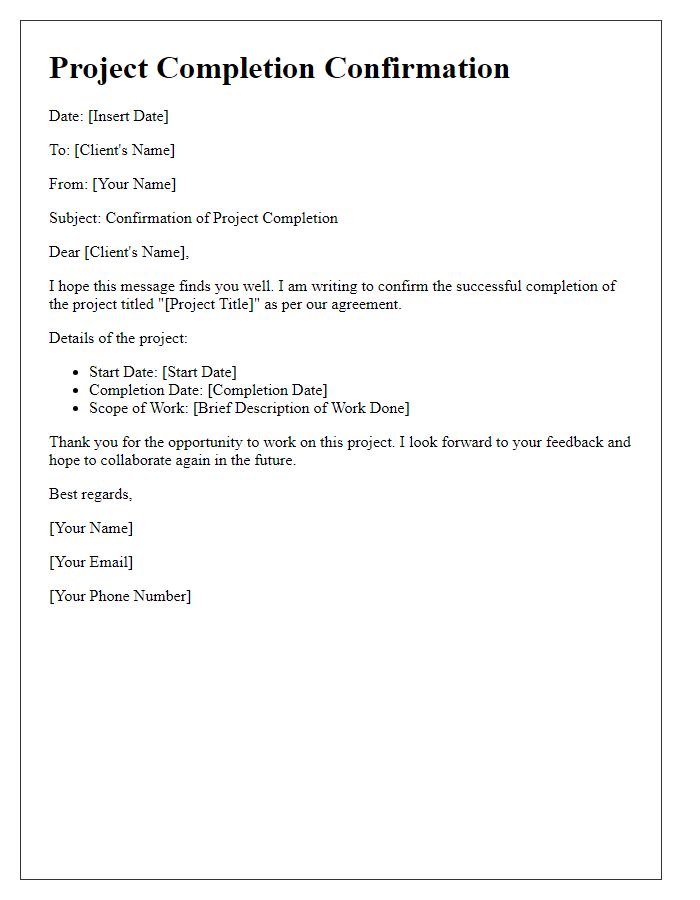 Letter template of freelance project completion confirmation