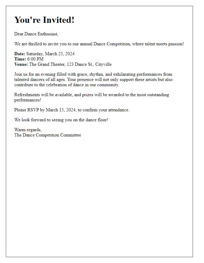 Letter template of dance competition invitation for audience