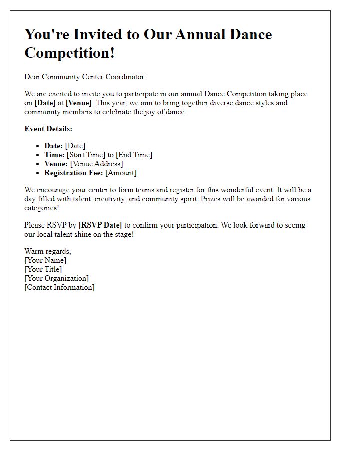 Letter template of dance competition invitation for community centers