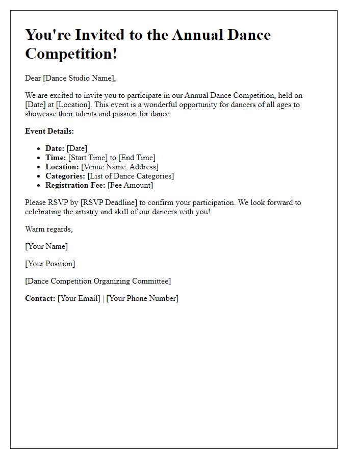 Letter template of dance competition invitation for dance studios