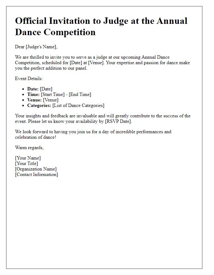 Letter template of dance competition invitation for judges