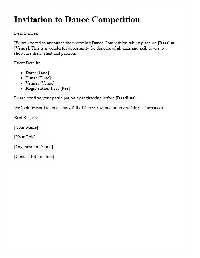 Letter template of dance competition invitation for participants