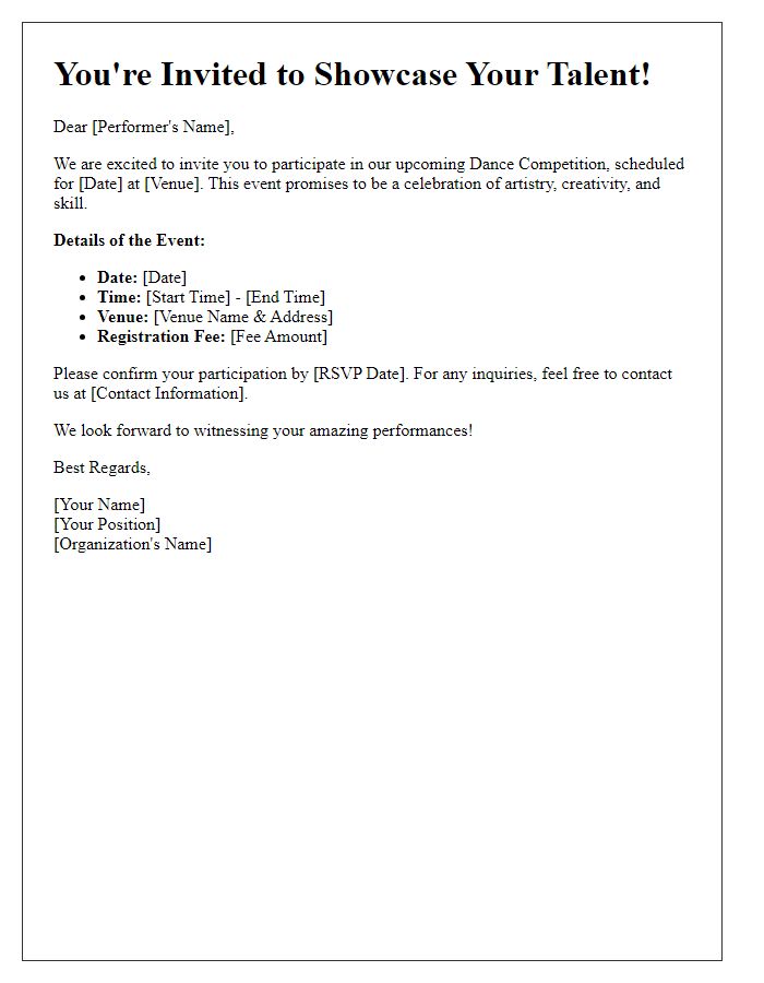 Letter template of dance competition invitation for performers