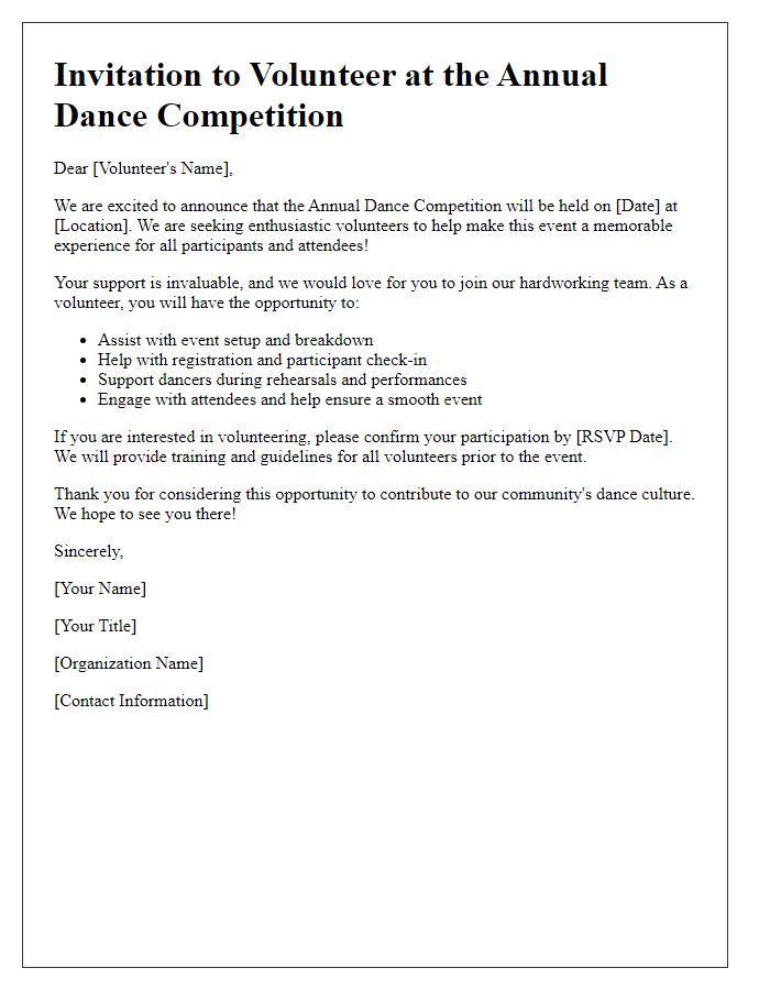 Letter template of dance competition invitation for volunteers