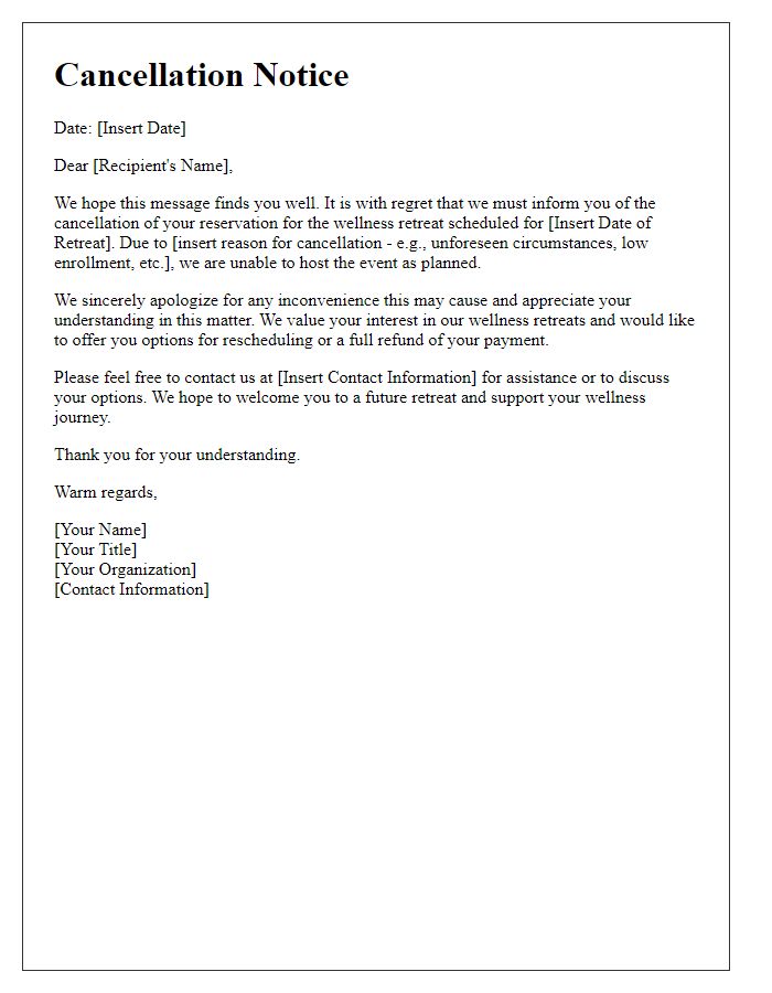 Letter template of wellness retreat cancellation notice