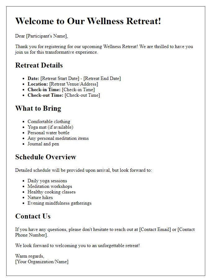 Letter template of wellness retreat registration details