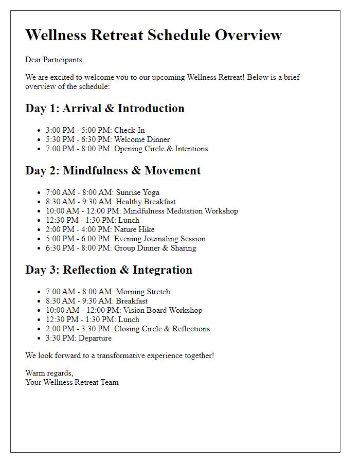 Letter template of wellness retreat schedule overview