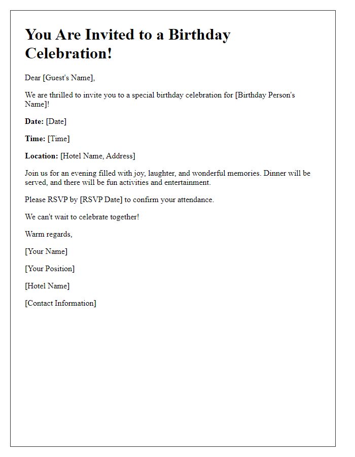 Letter template of hotel event invitation for a birthday celebration.