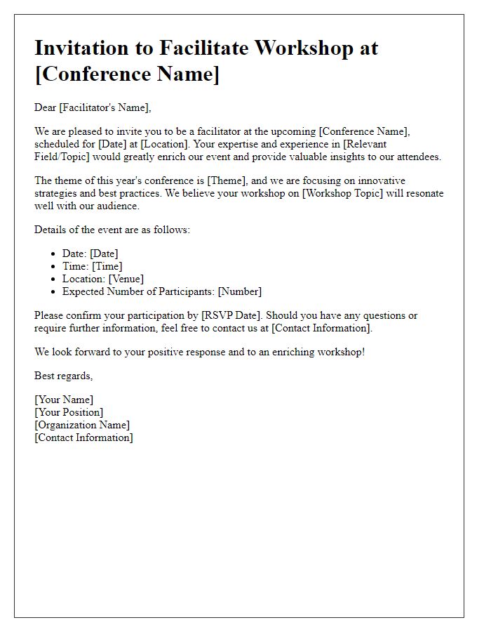 Letter template of conference invitation for workshop facilitators.