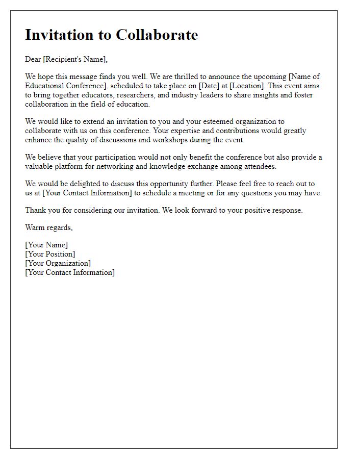 Letter template of invitation to collaborate for an educational conference.