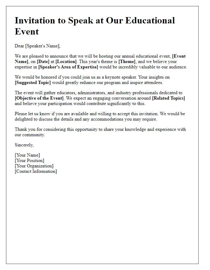 Letter template of invitation for keynote speakers to an educational event.