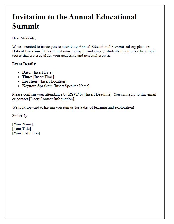 Letter template of invitation for students to attend an educational summit.