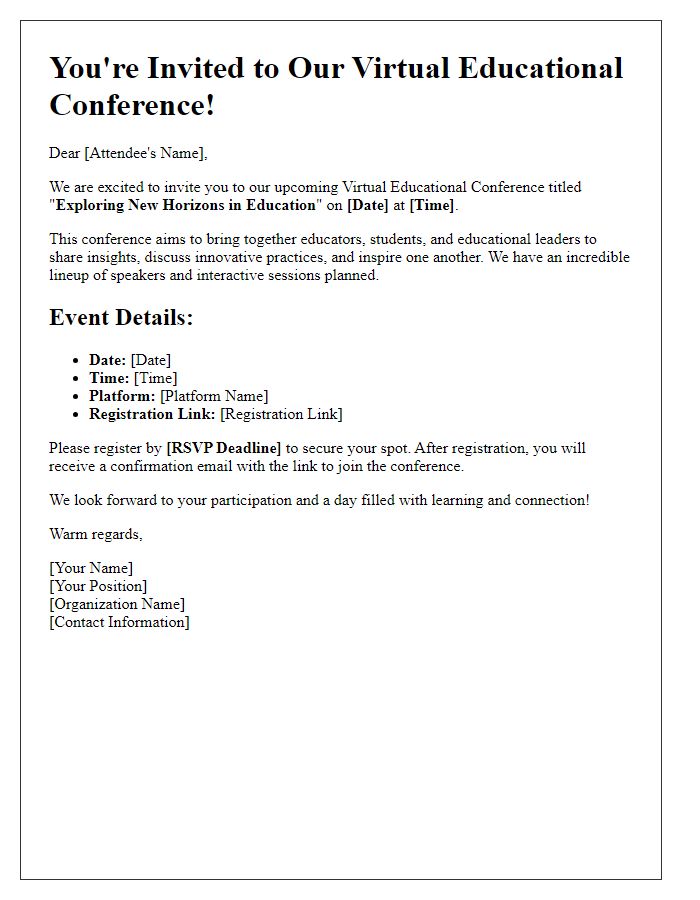 Letter template of invite for attendees to a virtual educational conference.