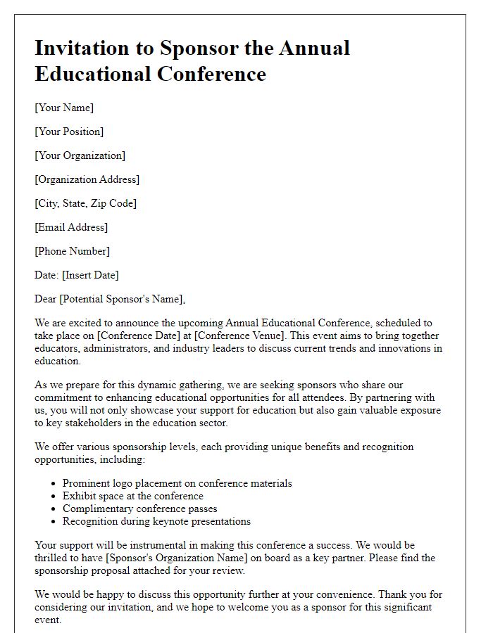 Letter template of sponsorship invitation for an educational conference.