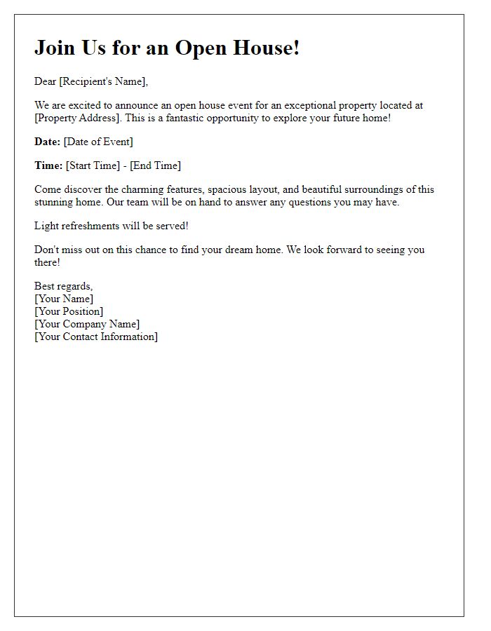 Letter template of marketing announcement for a real estate open house.