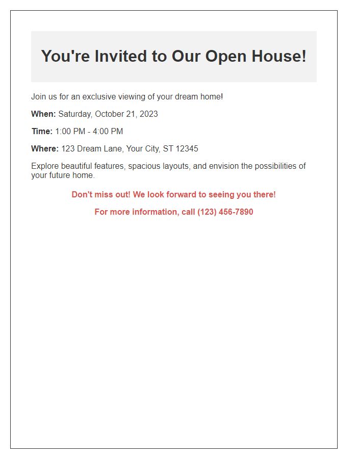 Letter template of promotional flyer for a real estate open house.