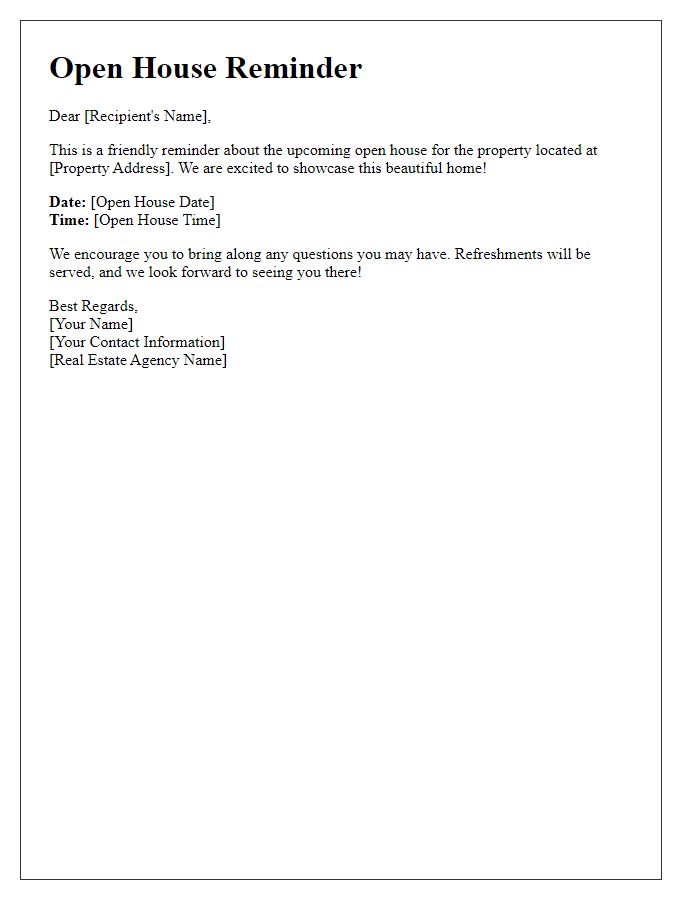 Letter template of reminder for an upcoming real estate open house.