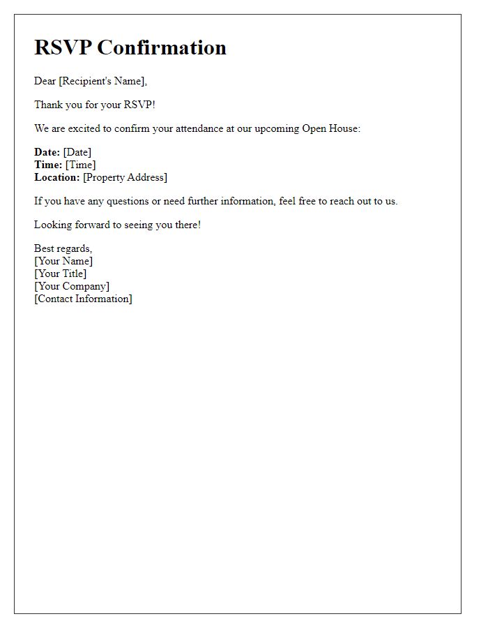 Letter template of RSVP confirmation for a real estate open house.