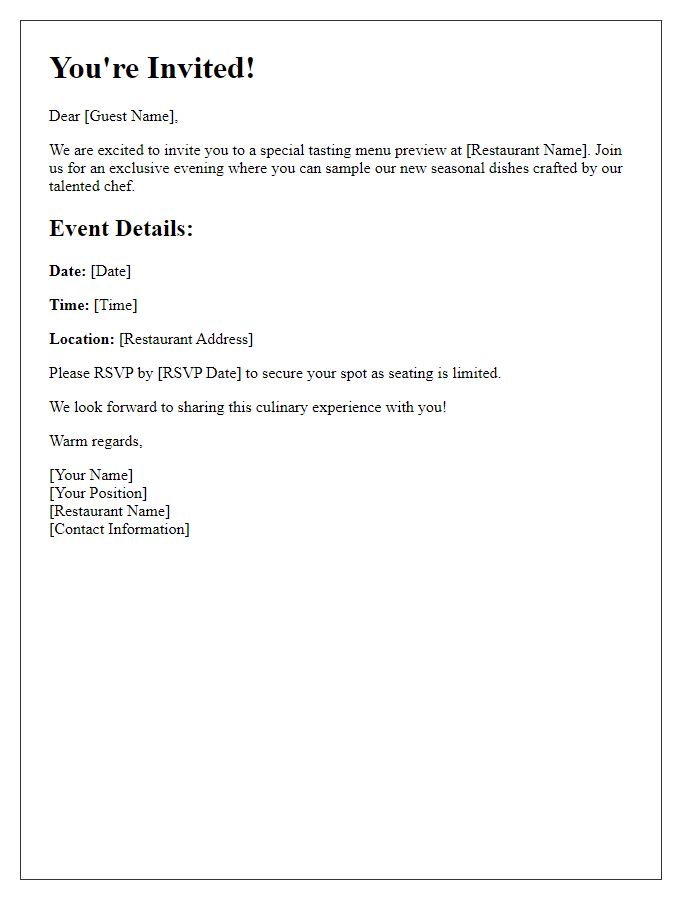 Letter template of invitation for a tasting menu preview