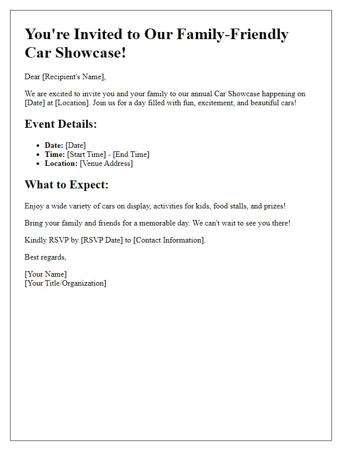 Letter template of family-friendly invitation to a car showcase