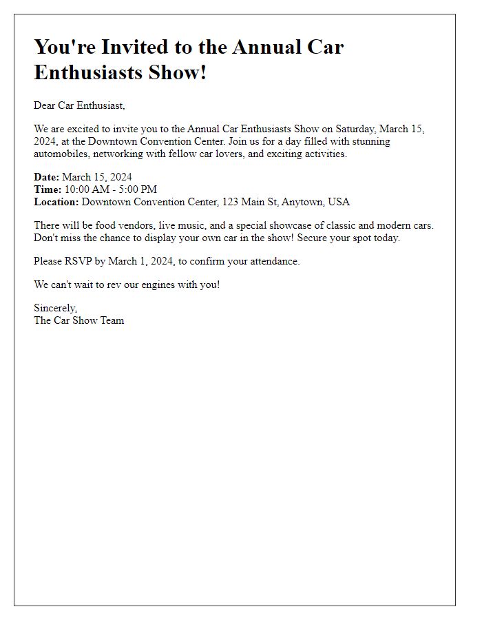 Letter template of invitation to car enthusiasts for a show event