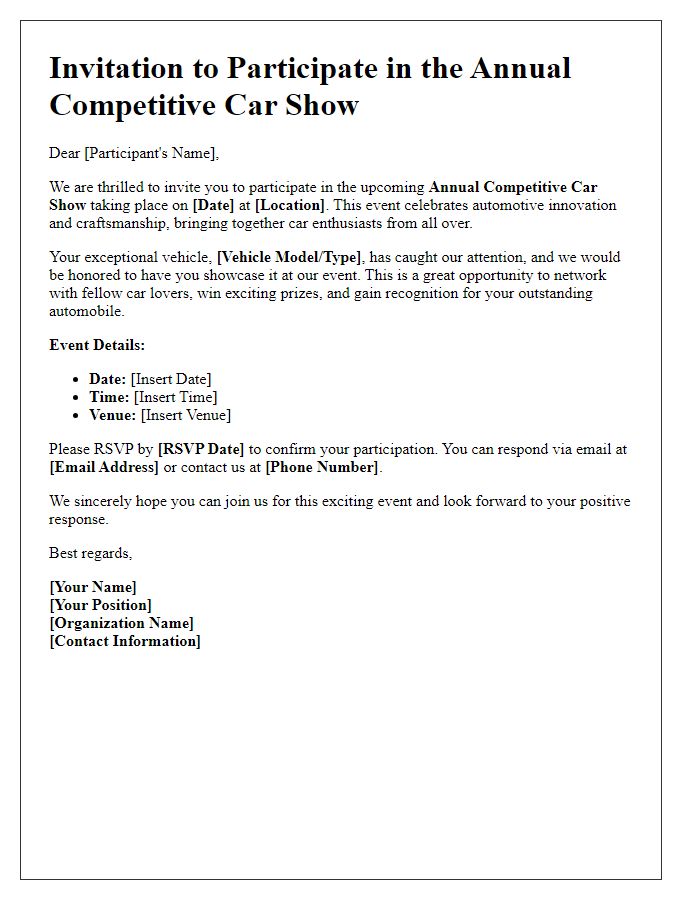 Letter template of participant invitation for a competitive car show