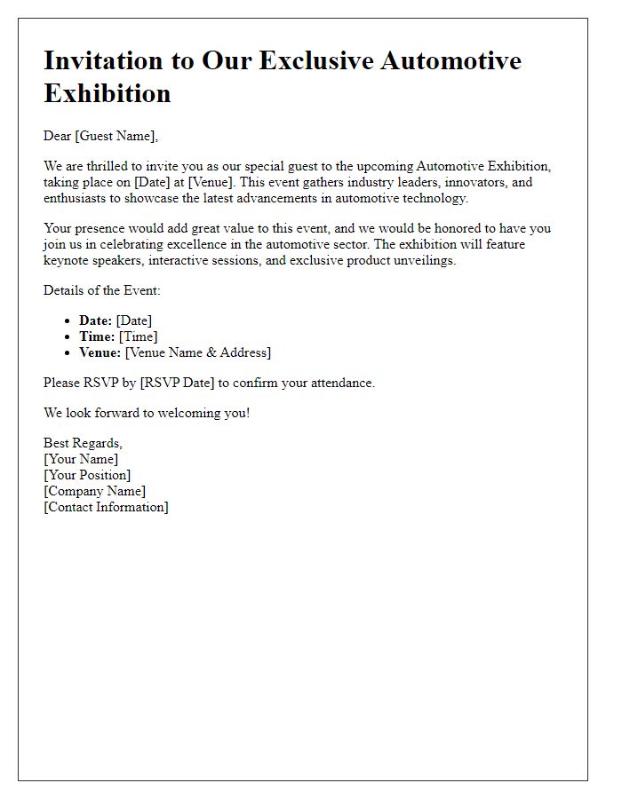 Letter template of special guest invitation for an automotive exhibition