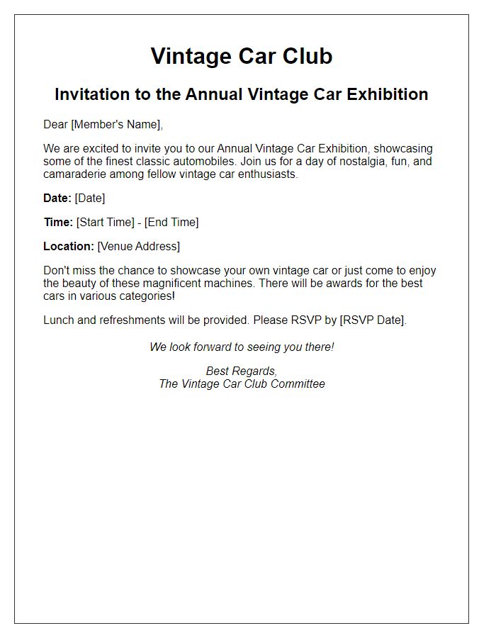 Letter template of vintage car club invitation for an exhibition