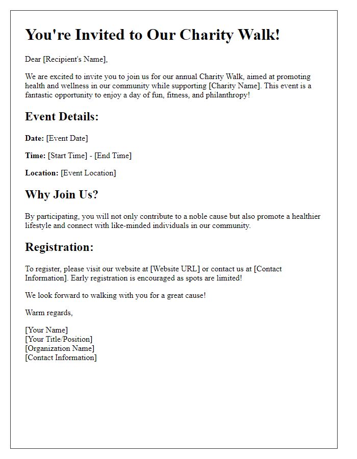 Letter template of charity walk invitation for health and wellness groups