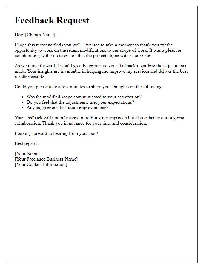 Letter template of freelance client feedback request after a modified scope of work.