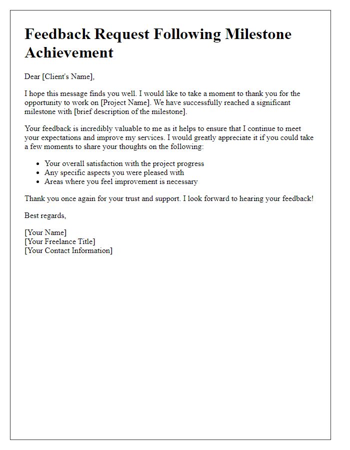 Letter template of freelance client feedback request following a milestone achievement.
