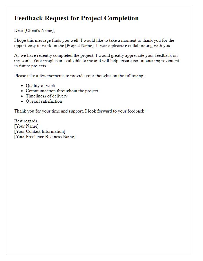 Letter template of freelance client feedback request for project completion.