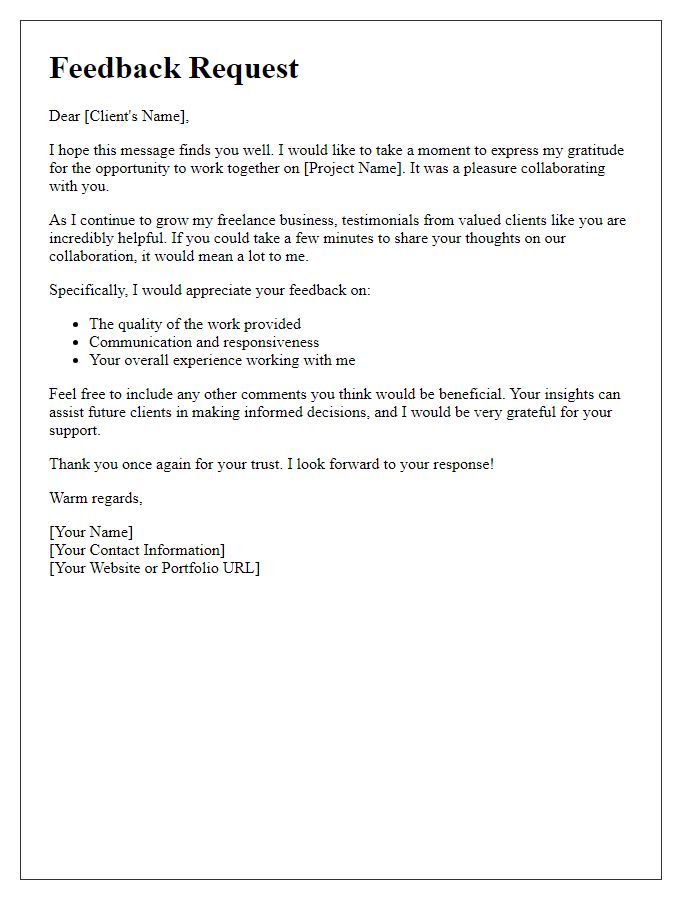 Letter template of freelance client feedback request for testimonial purposes.