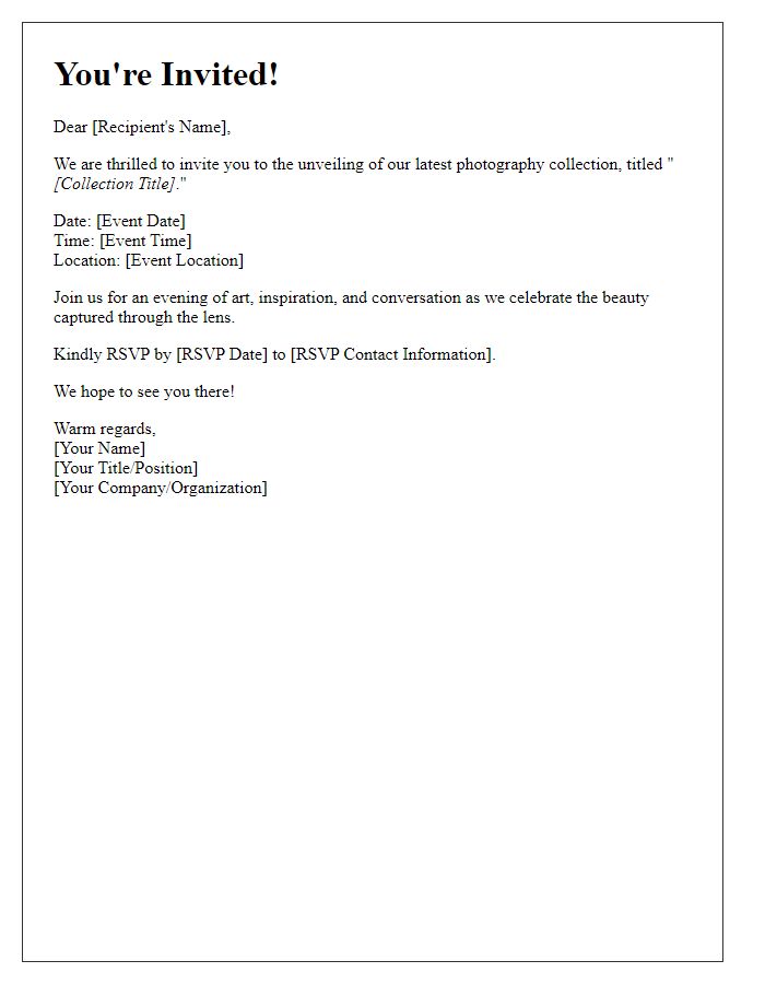 Letter template of photography collection unveiling invitation