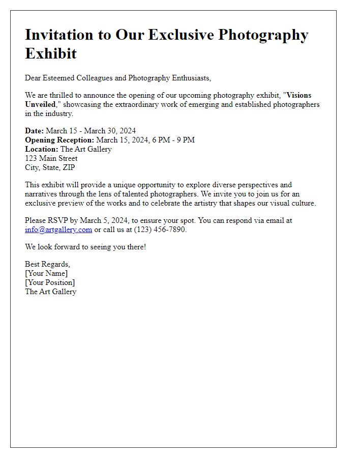 Letter template of photography exhibit announcement for industry professionals