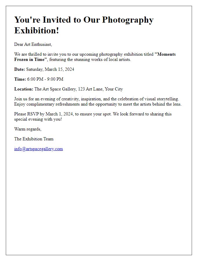 Letter template of photography exhibition invitation for art enthusiasts