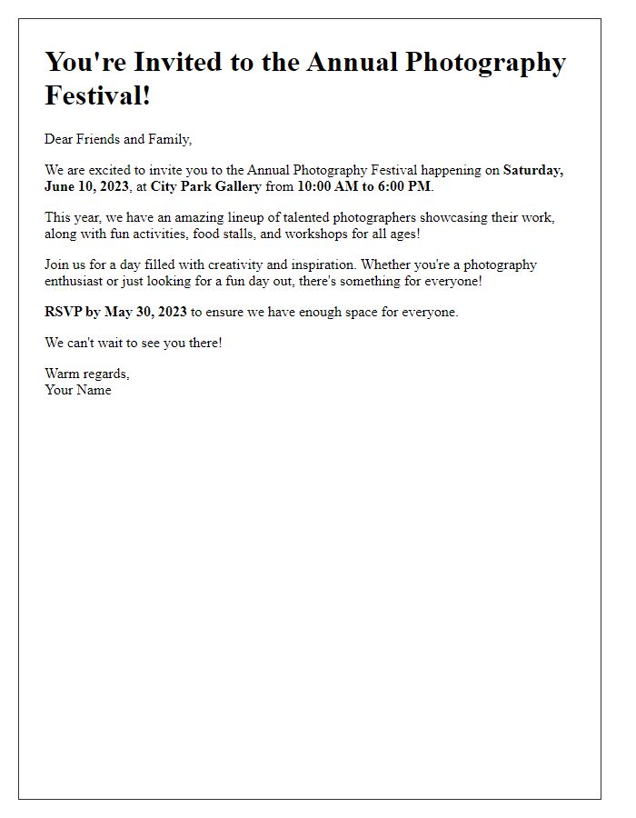 Letter template of photography festival invitation for friends and family