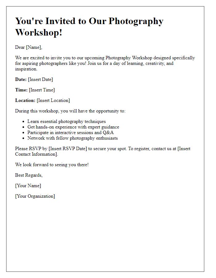 Letter template of photography workshop invitation for aspiring photographers