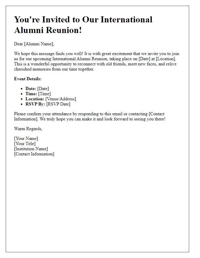 Letter template of alumni invitation for an international reunion gathering.