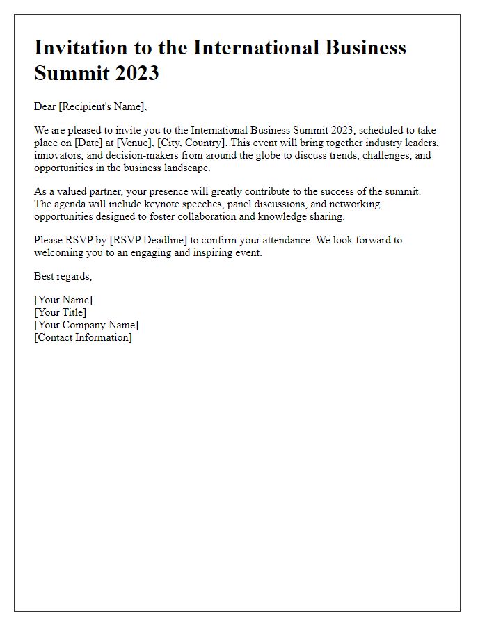 Letter template of corporate invitation for an international business summit.