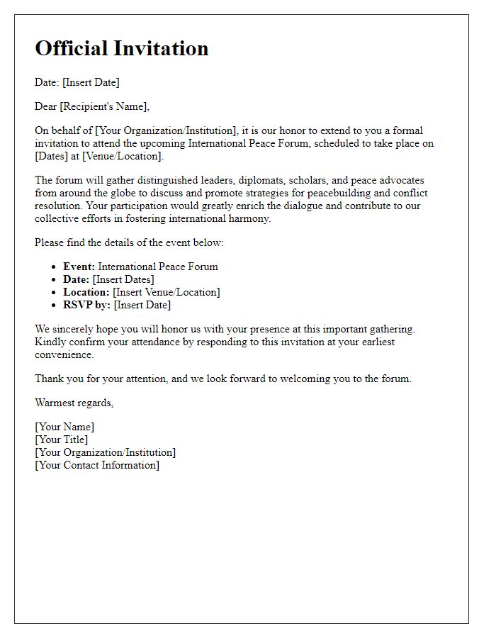 Letter template of diplomatic invitation for an international peace forum.