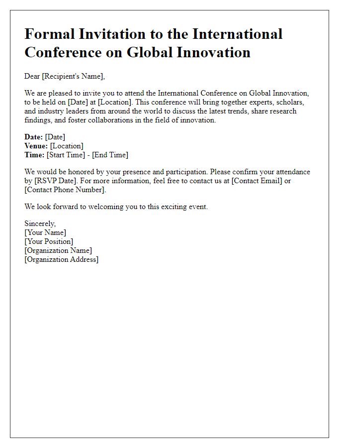 Letter template of formal invitation for an international conference.