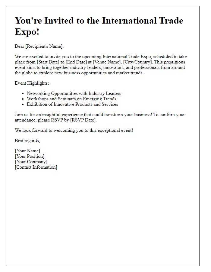 Letter template of promotional invitation for an international trade expo.