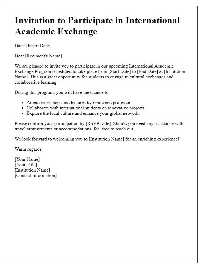 Letter template of student invitation for an international academic exchange.