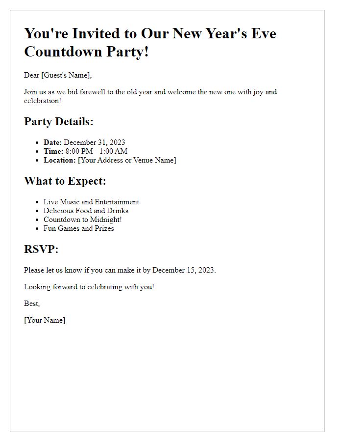 Letter template of countdown party details for New Years Eve