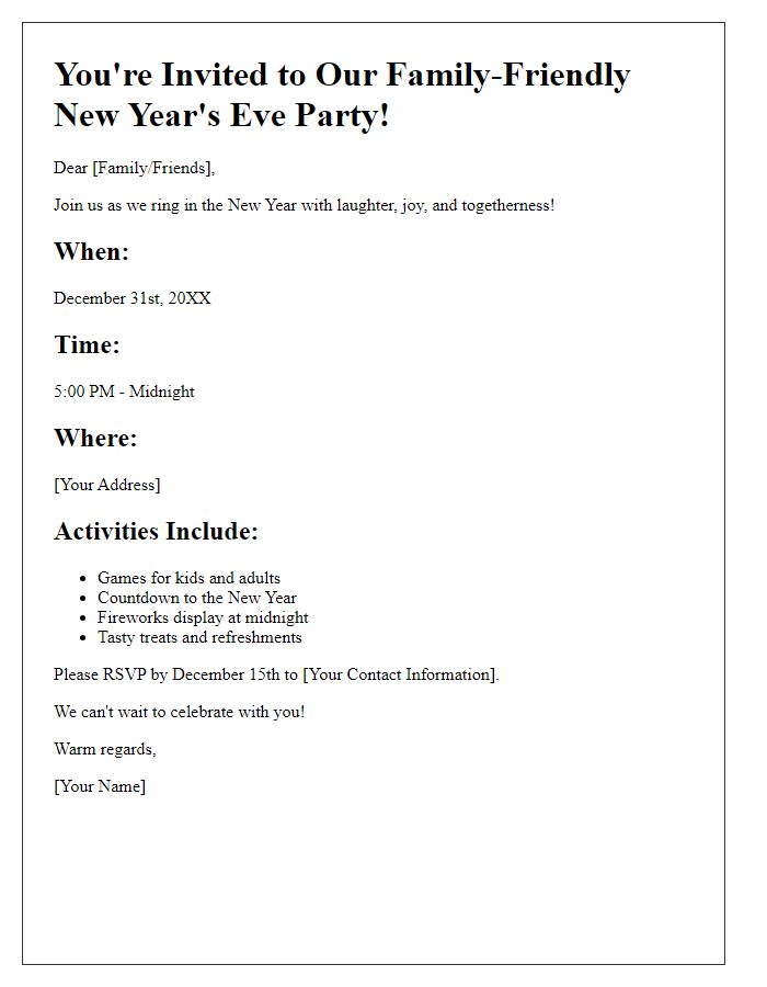 Letter template of family-friendly New Years Eve party invitation