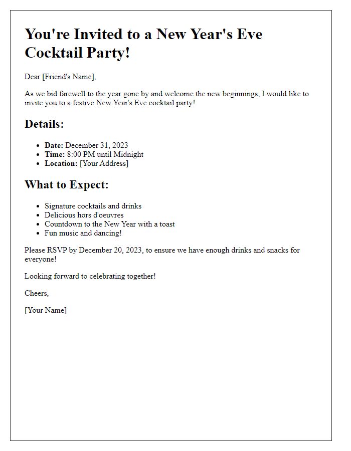 Letter template of New Years Eve cocktail party plan