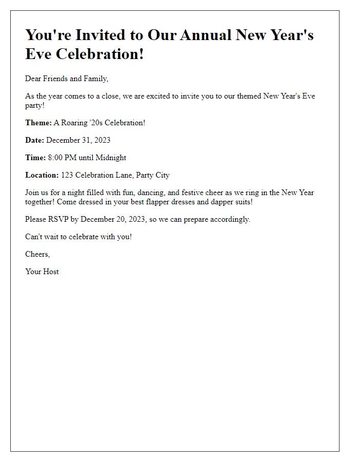 Letter template of themed New Years Eve party announcement