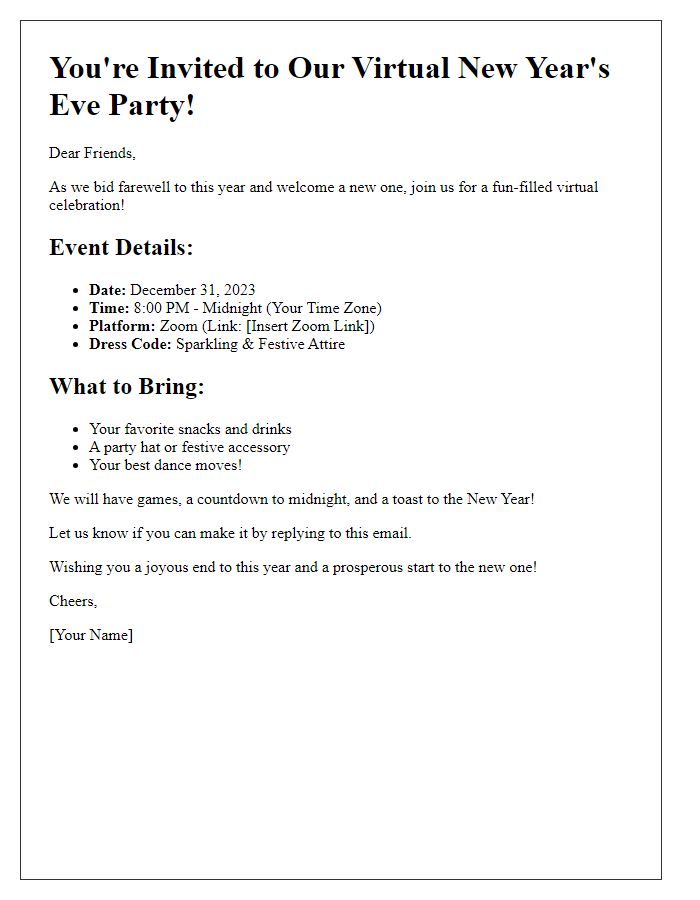 Letter template of virtual New Years Eve party details