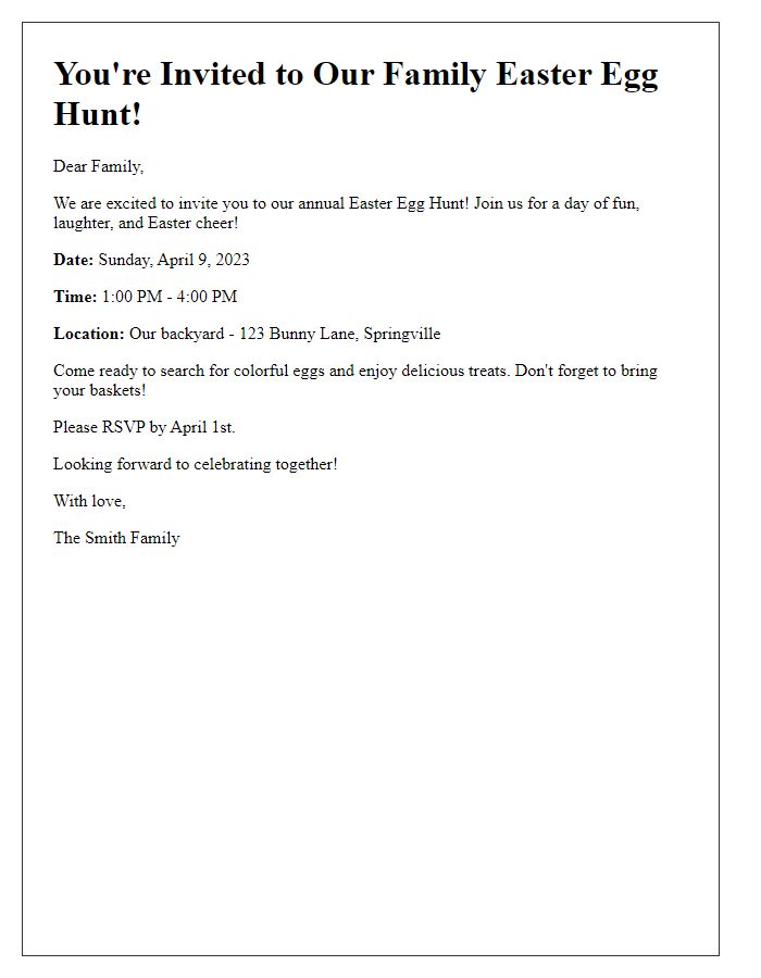 Letter template of family Easter egg hunt invitation